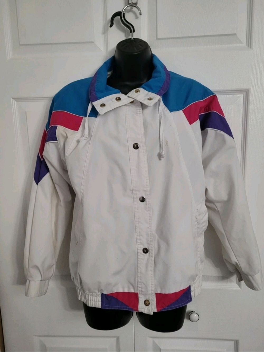 White Retro Colorblock Windbreaker Jacket with Blue, Pink & Purple Accents S/m